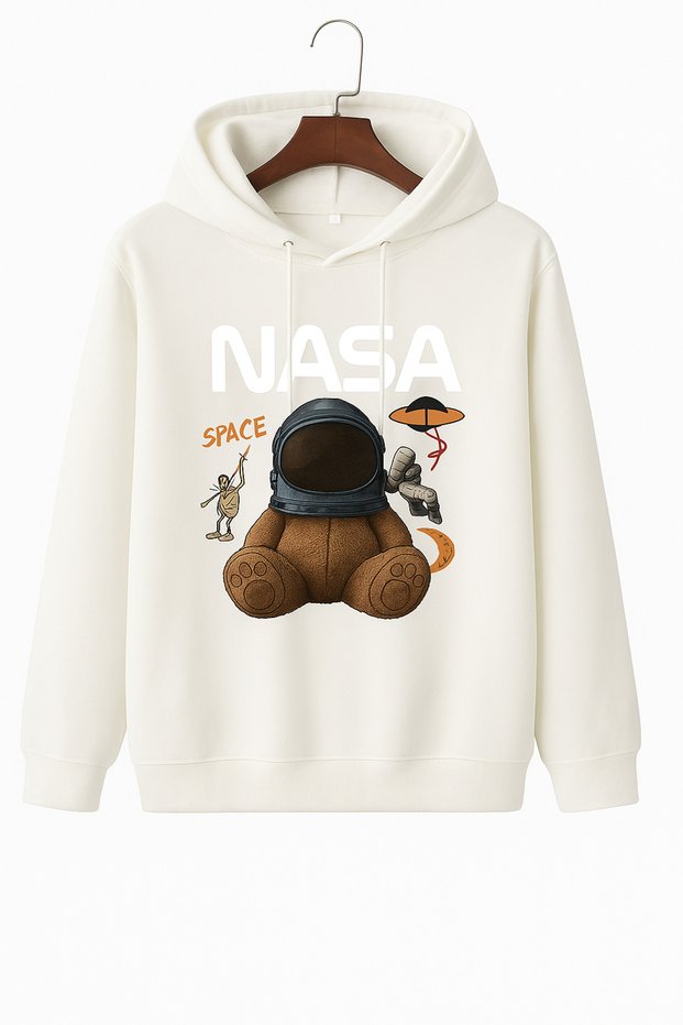 3 Yarn Combed Cotton Unisex Nasa Teddy Bear Printed Hooded Sweatshirt