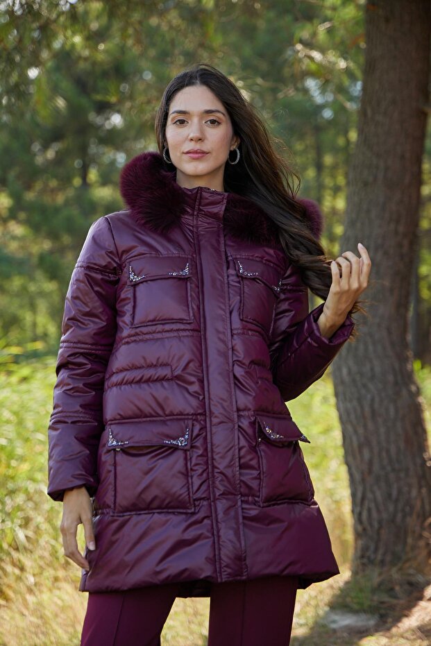 TAŞ İŞLEMELİ KÜRKLÜ ŞİŞME MONT - 5