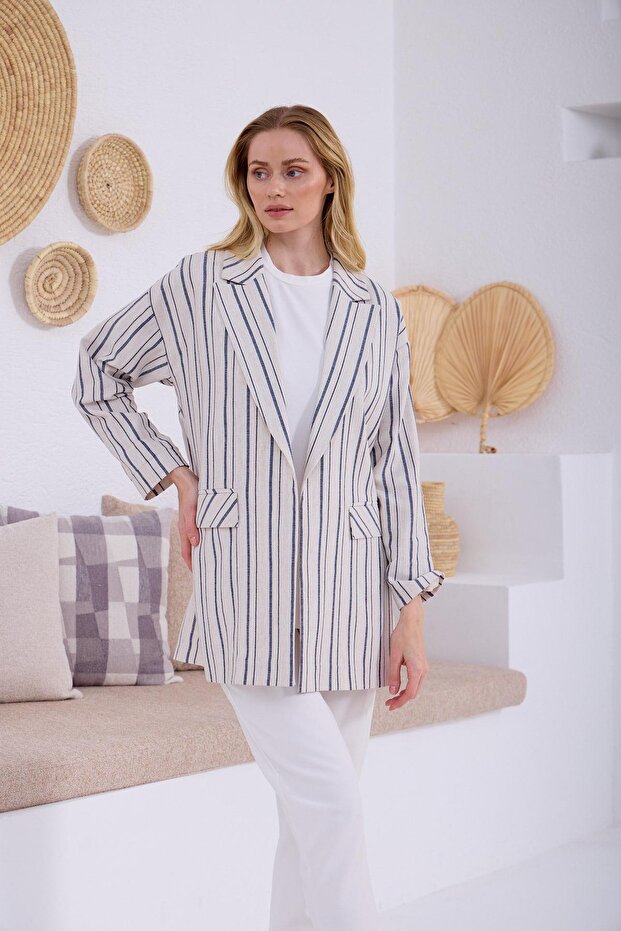 ÇİZGİLİ KETEN CEKET - 7