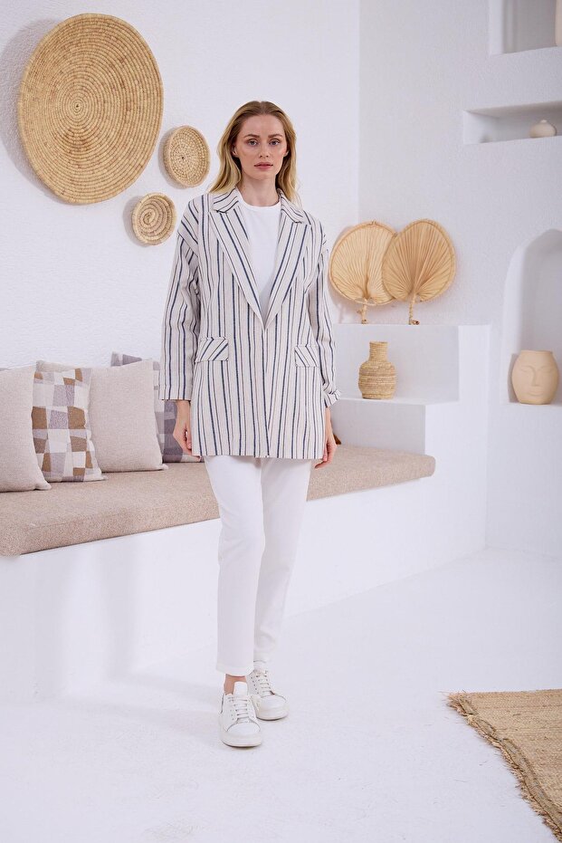 ÇİZGİLİ KETEN CEKET - 4