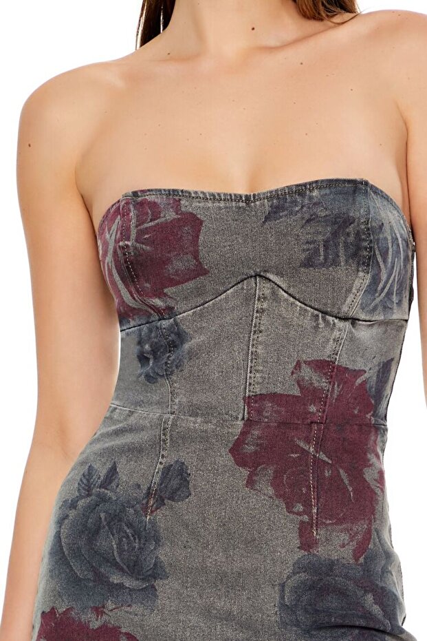 Çiçek Desenli Denim Mini Elbise - 3