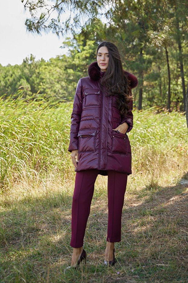 TAŞ İŞLEMELİ KÜRKLÜ ŞİŞME MONT - 1