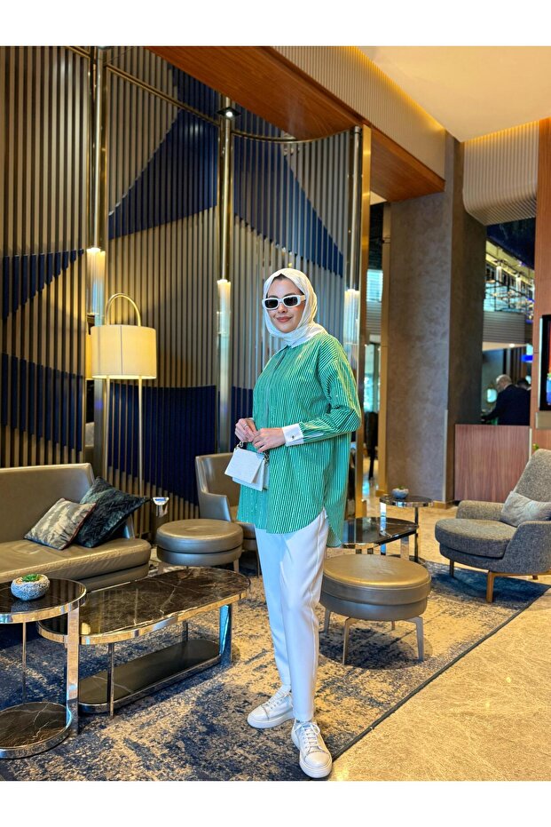 ÇİZGİLİ TAŞLI PAMUKLU GÖMLEK - 1