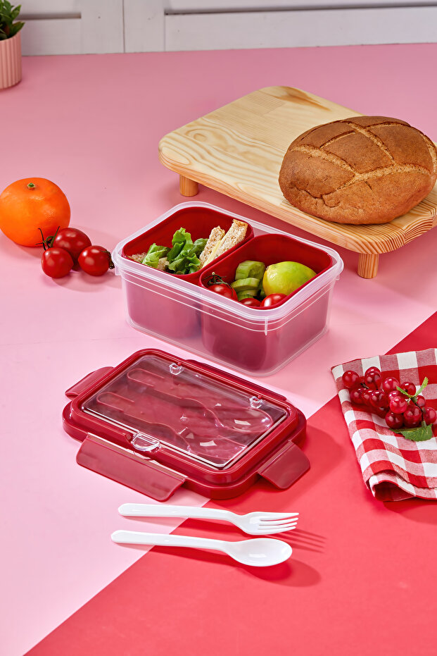 Two-Compartment Lunch Box with Fork-Spoon Compartment and Locking Lid and Food Storage Container - Red - 7