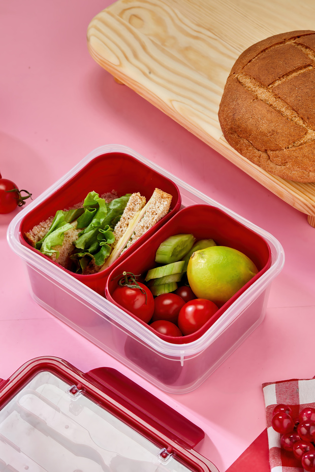 Two-Compartment Lunch Box with Fork-Spoon Compartment and Locking Lid and Food Storage Container - Red - 8