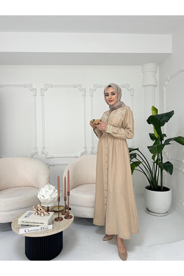 ŞERİT DETAYLI KETEN ELBİSE - 2