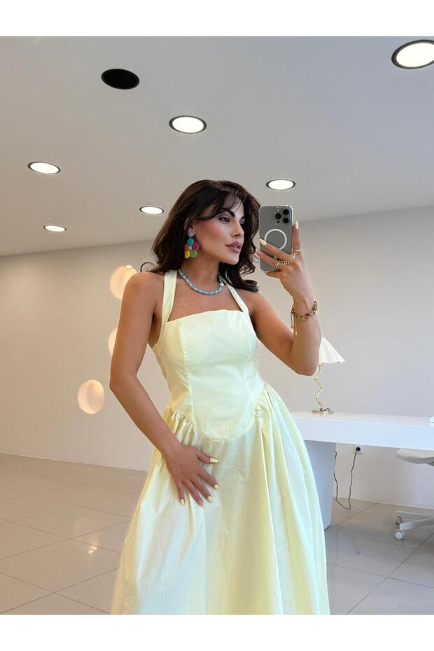 SIRT DEKOLTELİ POPLİN ELBİSE SARI - 3