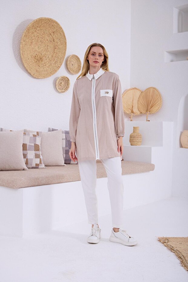 ÇİZGİLİ FERMUARLI PAMUKLU TUNİK - 1