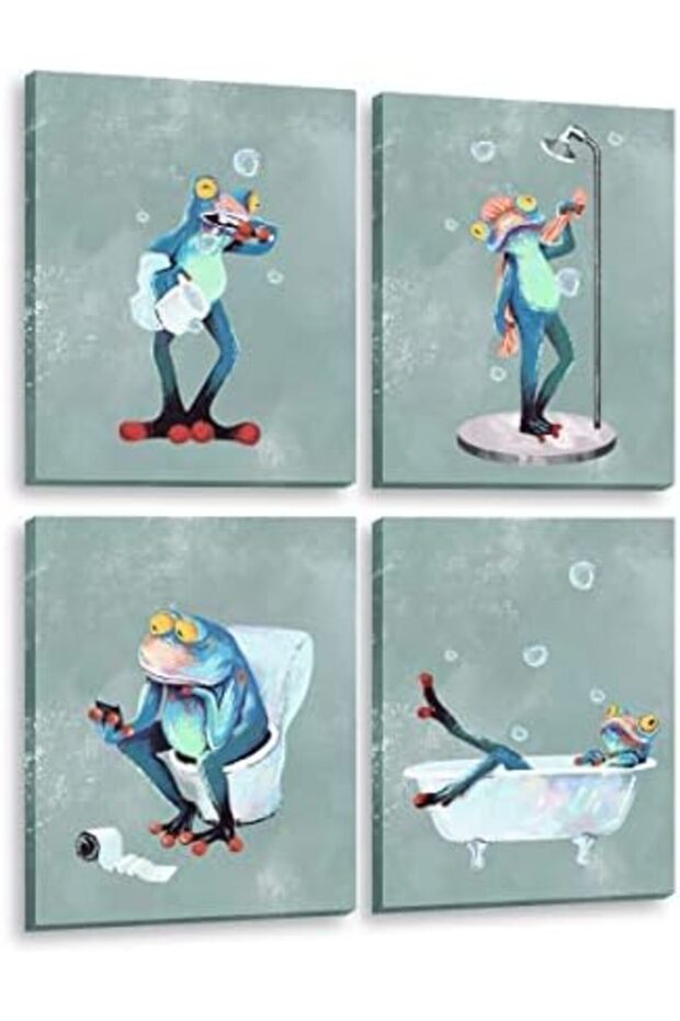 Funny Frog Canvas Art – Bathroom & Kids Room Wall Decor Set of 4 30x40 cm