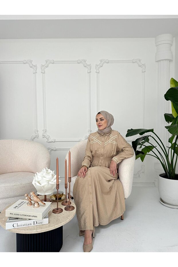 ŞERİT DETAYLI KETEN ELBİSE - 3