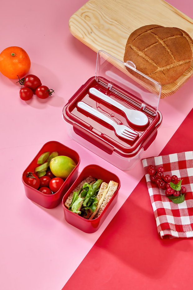 Two-Compartment Lunch Box with Fork-Spoon Compartment and Locking Lid and Food Storage Container - Red - 6
