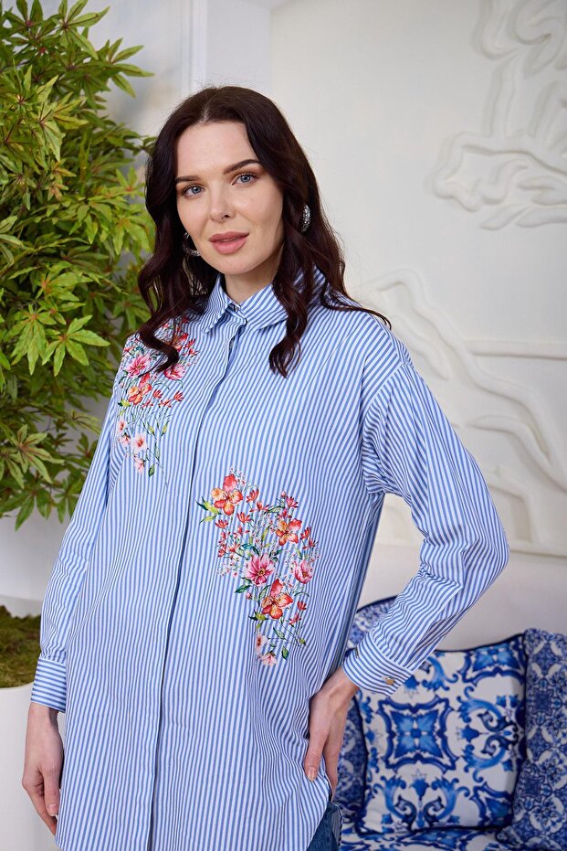 ÇİÇEK DETAYLI ÇİZGİLİ GÖMLEK - 4