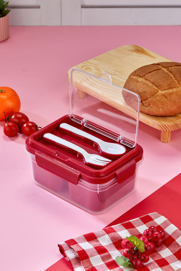 Two-Compartment Lunch Box with Fork-Spoon Compartment and Locking Lid and Food Storage Container - Red - 2
