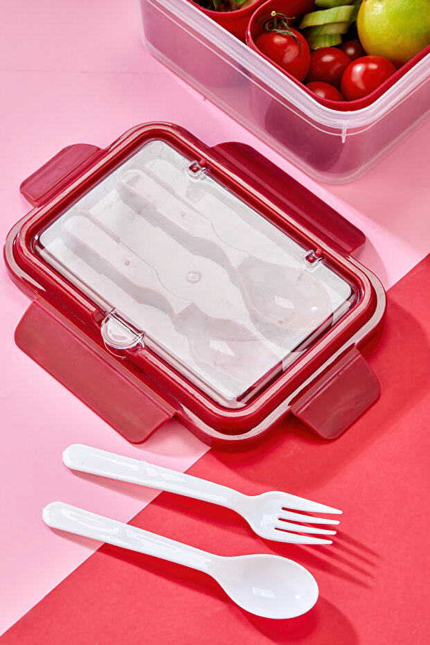 Two-Compartment Lunch Box with Fork-Spoon Compartment and Locking Lid and Food Storage Container - Red - 3