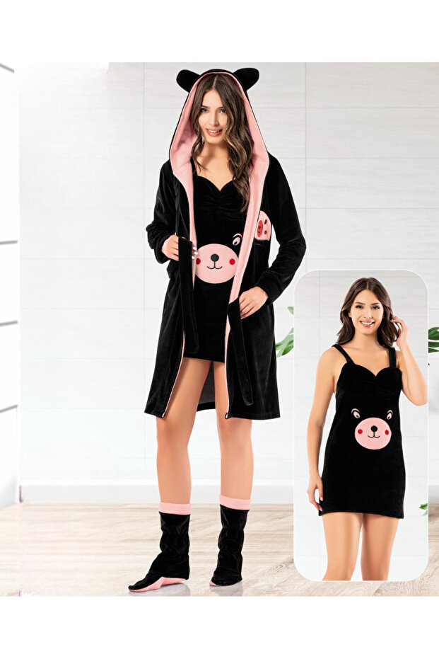 Teddy Love Black Hooded Velvet Dressing Gown Nightgown Set (with Booties as a Gift)