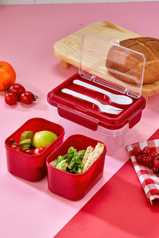 Two-Compartment Lunch Box with Fork-Spoon Compartment and Locking Lid and Food Storage Container - Red - 5