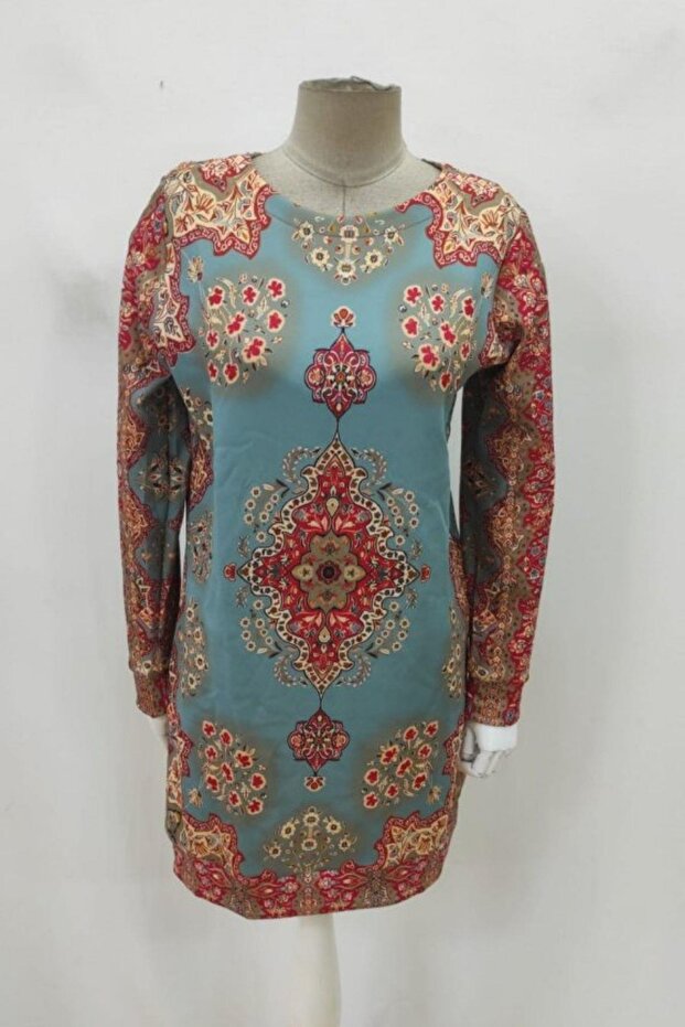 فستان قصير منقوش برقبة دائرية - منقوش - 3