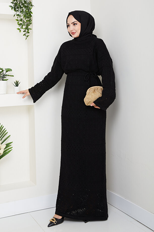 Ethnic Pattern Openwork Knitwear Dress and Undergarment Dress - Lined Set