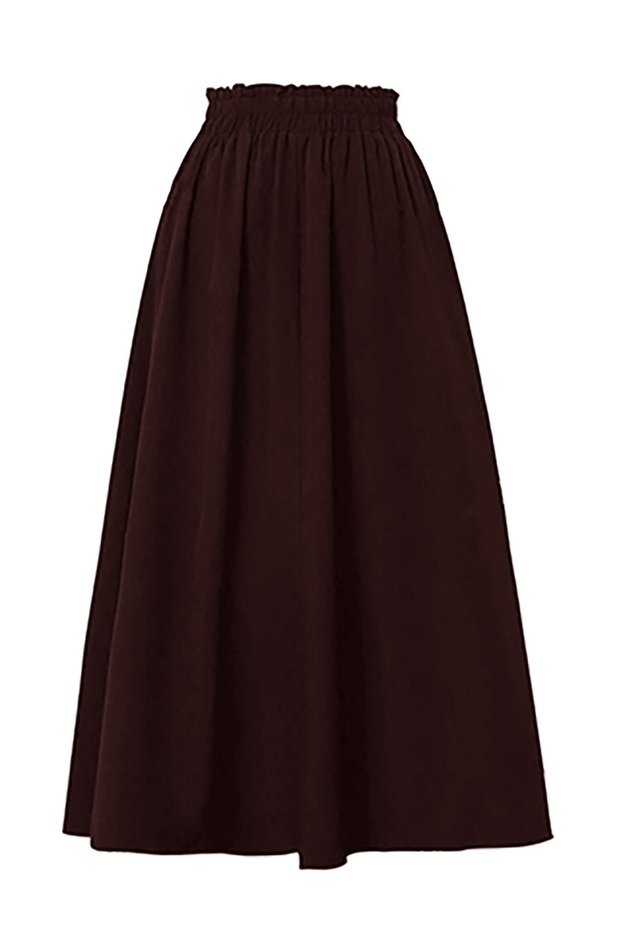 Women's Brown Pocketed Woven 100% Cotton Linen Flared Midi Skirt