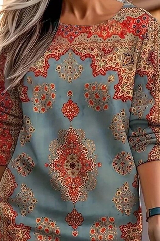 فستان قصير منقوش برقبة دائرية - منقوش - 2