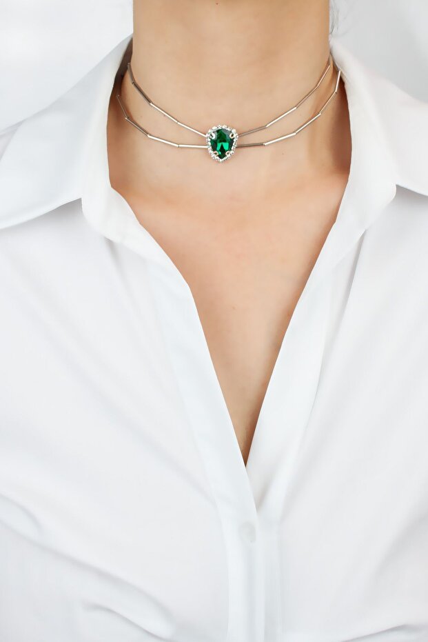 Drop Shape Zircon Stone Green Glass Crystal Necklace