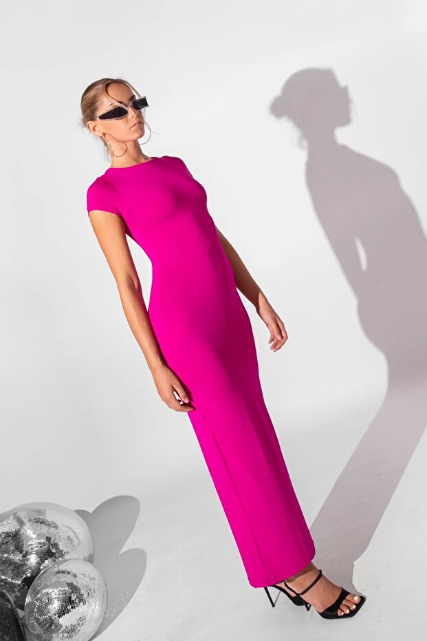 Kısa Kollu Basic Uzun Sandy Fuşya Elbise - 8