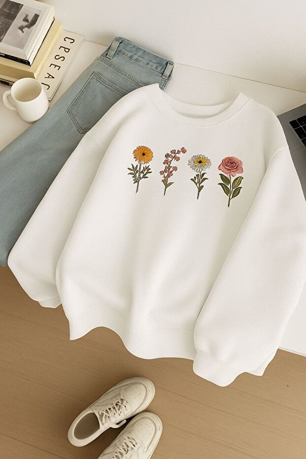3-Thread Combed Cotton Flower-Printed Unisex Sweatshirt