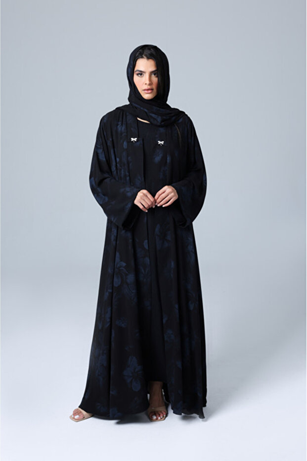Open Blazer Neck Blue Prints Abaya