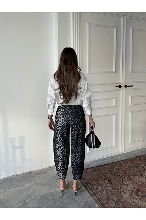 Leopar Desen Scuba Krep Kumaş Şalvar Model Balon Pantolon LD150924 - 6
