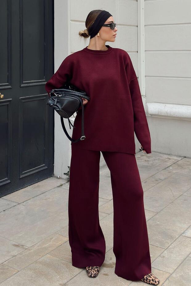 Burgundy Crew Neck Oversize Sweater-Pants Knit Women's Bottom-Top Set