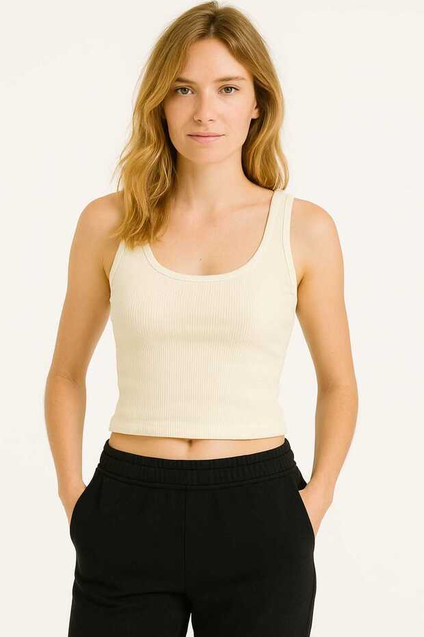 Ecru Slim Fit Cropped Tank Top with a Straight Round Neckline and Ribbed Camisole Style.