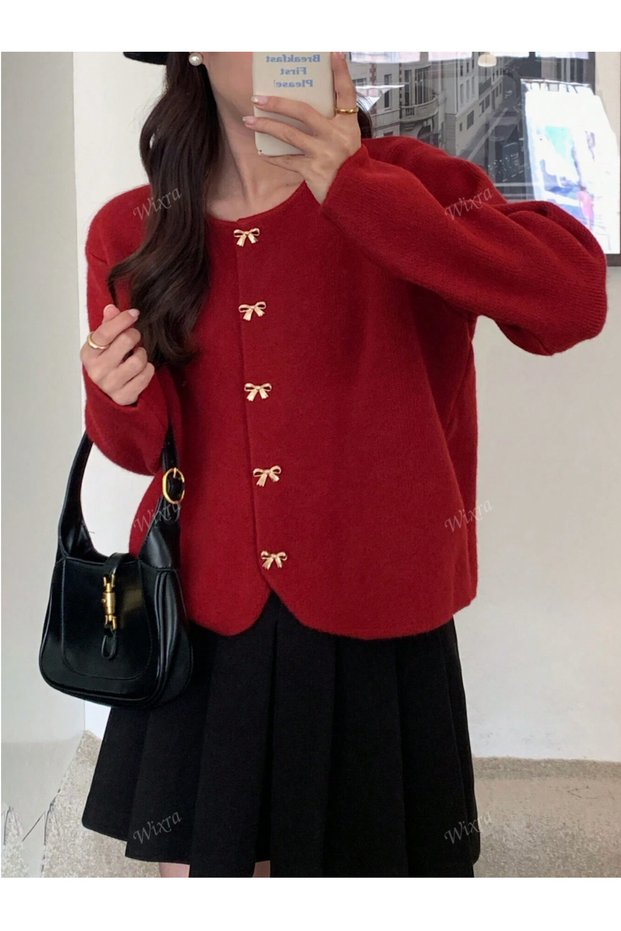 Women's Red Bow Buttoned Oval Detailed Knitwear Cardigan
