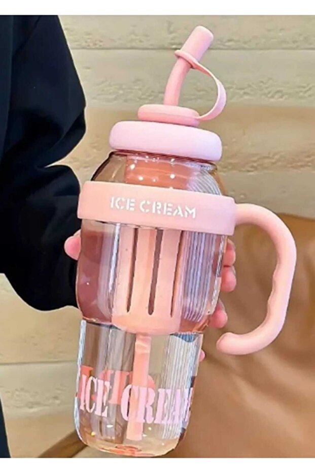 Ice Cream Designed Water Bottle with Straw 1.3 Liter Large Volume, Transparent Color Flask, Leak-Proof Lid