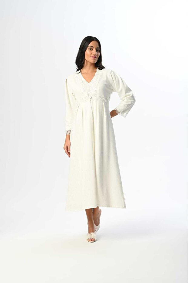 Women's Ecru Jacquard Lace Winter Special Design Maternity Pajamas Nightgown Set