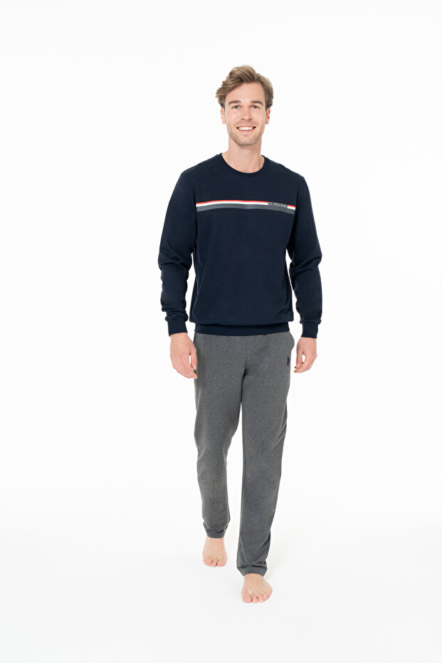 Men's Crew Neck Rubber Sleeve Pajama Set Navy Blue Plus Size Navy Blue - Astps18B92G5Bltl-Lac