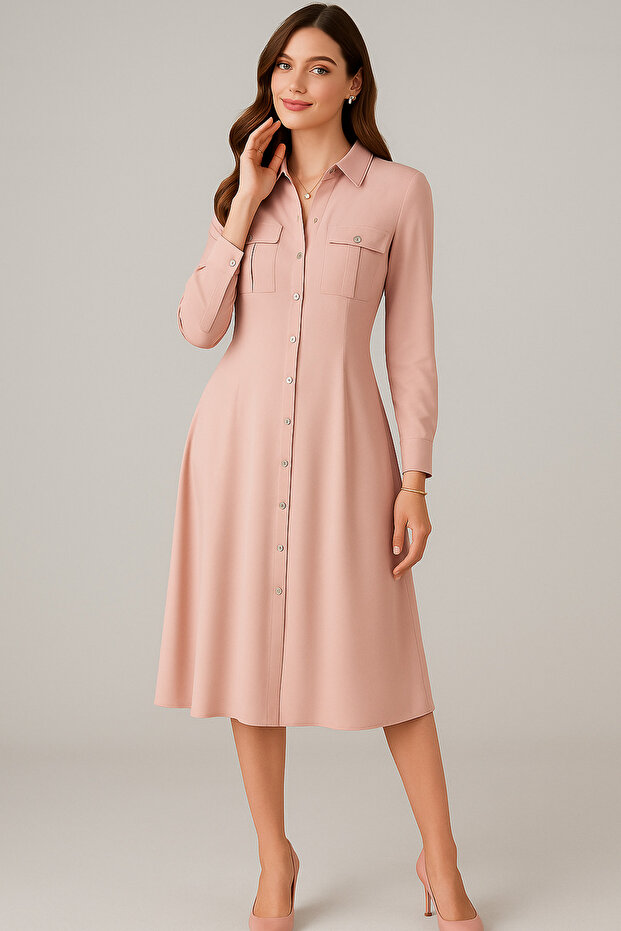 Women's Powder Pink Pocket Midi Shirt Dress