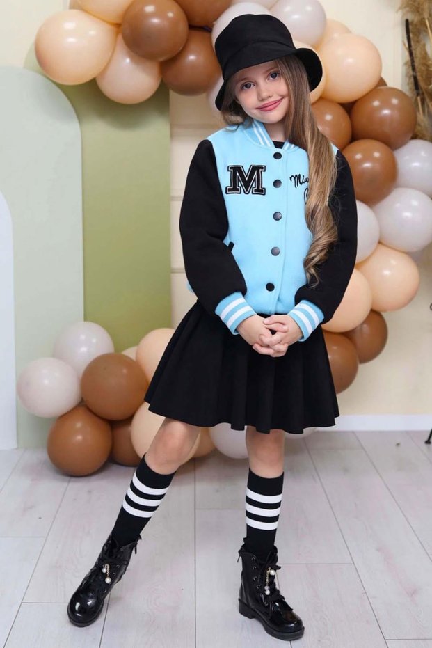 Girl's Button Detailed Cotton Blue College Jacket Velvet Skirt Set