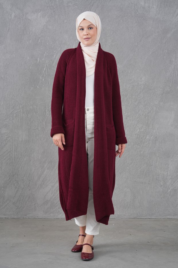 Burgundy Knitwear Fabric Double Pocket Shawl Collar Long Hijab Clothing Cardigan 5001