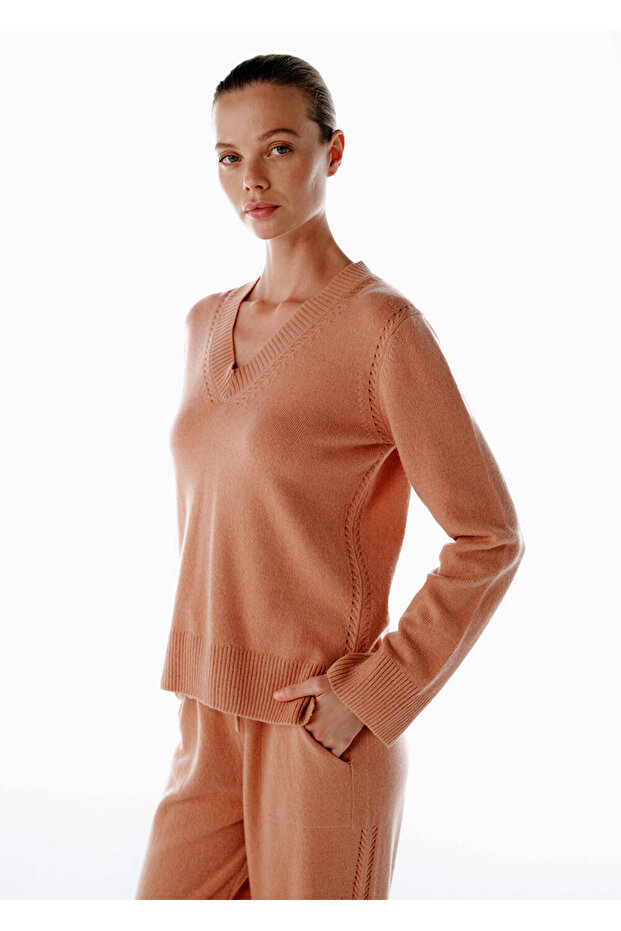 Pembe V Yaka Kaşmir Triko - 4