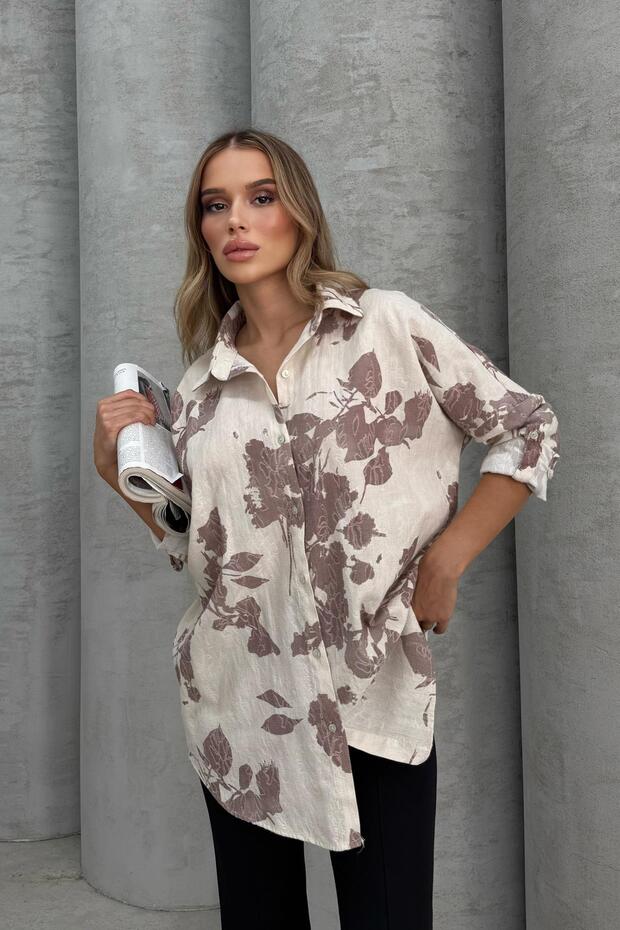 Women's Floral Patterned Linen Shirt Brown