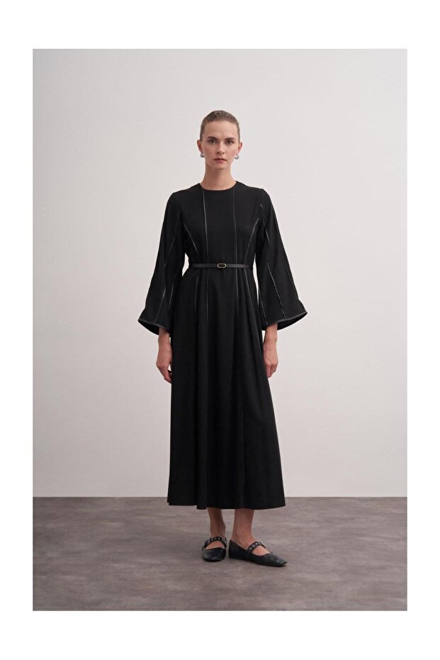 Şerit Detaylı Örme Kaşe Elbise - 1