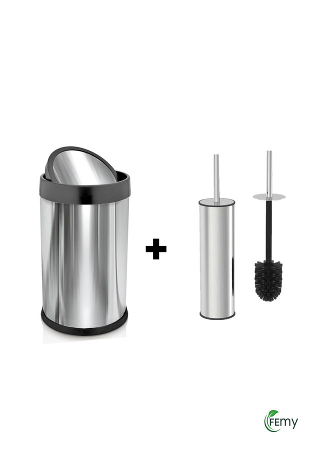 Krom Pratik Kapaklı Çöp Kovası 8 lt+ Metal Tuvalet Wc Fırçası Klozet Fırçası - 1