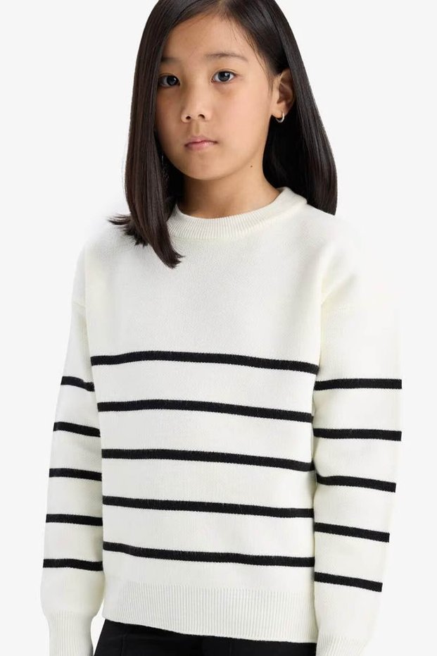 Crew Neck Striped Knitwear Ecru Girls' Sweater Z0194A6/Er233