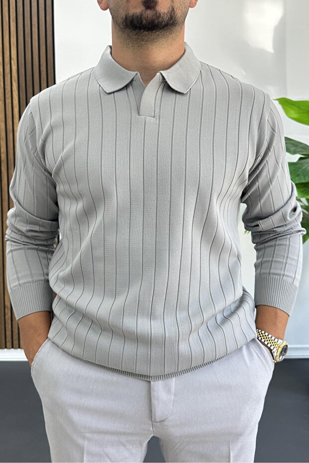 Men's Open Collar Regular Fit Sweater Gray Edw412