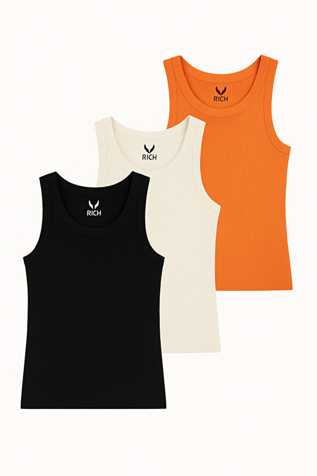 Women's 3-Pack Black-White-Orange Zero Sleeve Camisole Bodysuit-Crew Neck 100% Cotton Tank Top Blouse