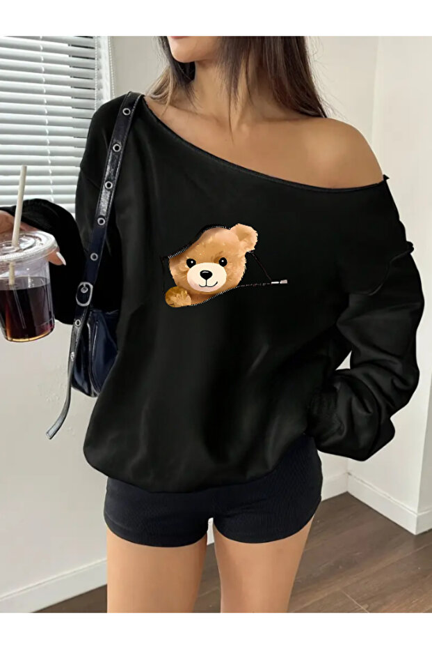 Kadın ayıcık baskılı oversize sweetshirt - 1