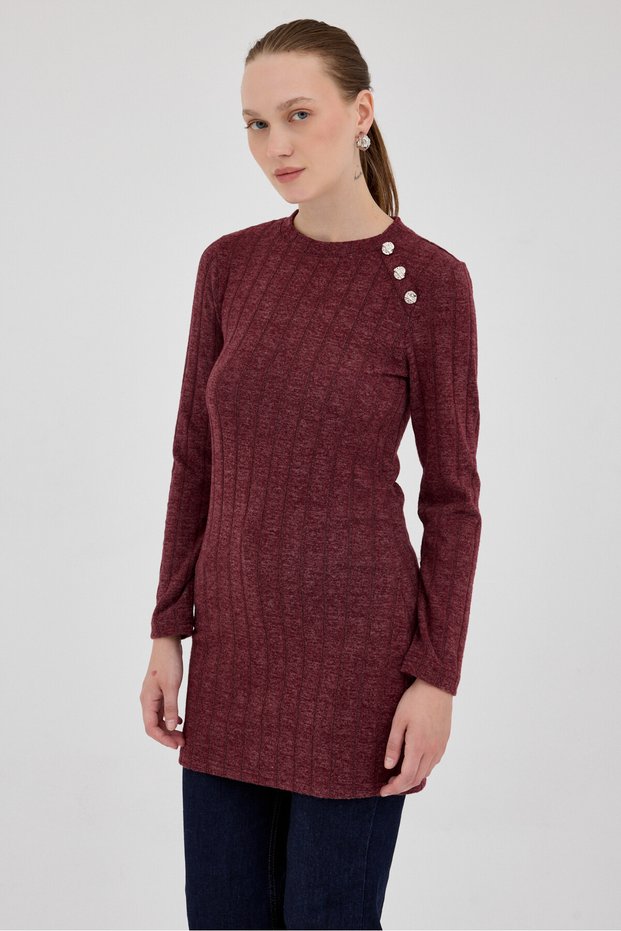 Burgundy Button Detailed Striped Knitwear Tunic 8132A