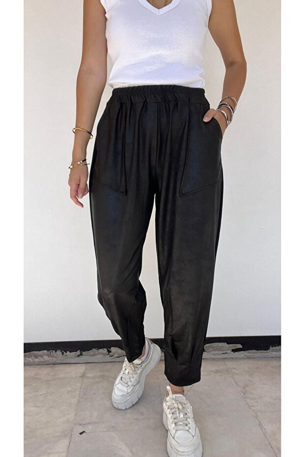 Women's Double Pocket Front Leather Back Combed Cotton Black Trousers
