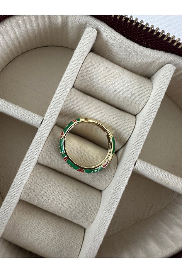 Thin Ring with Green Enamel Leaf Pattern - 2