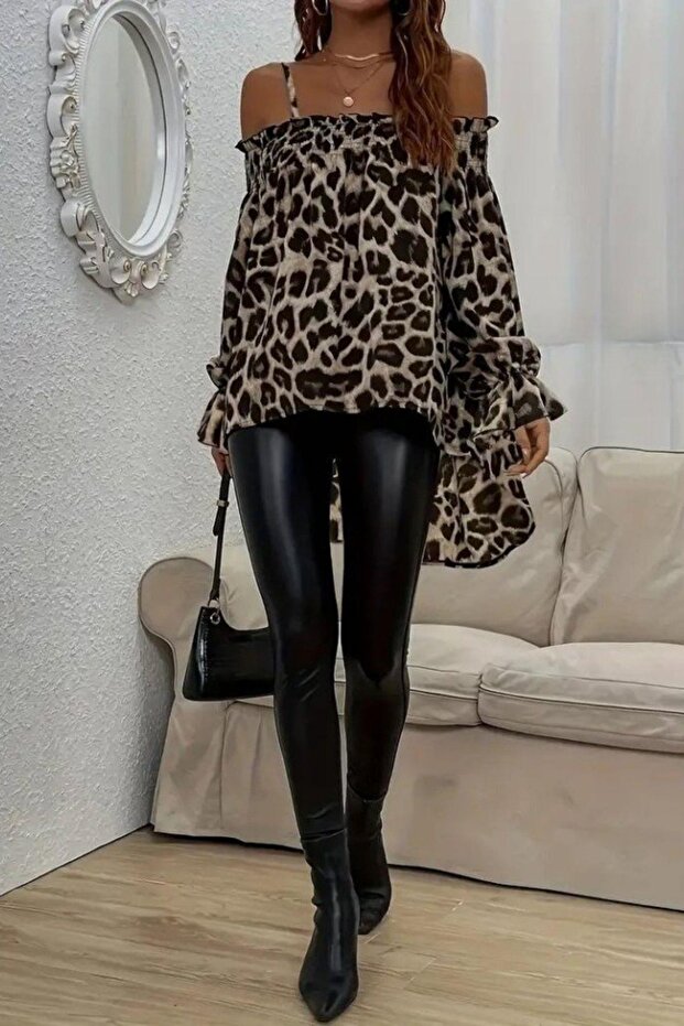 Leopard Patterned Off-Shoulder Single Jersey Blouse - Leopard - 2